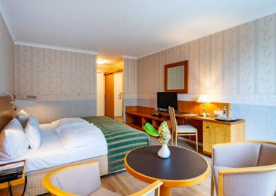 Helles Zimmer mit Doppelbett, zwei Fenstern und eleganter Einrichtung.