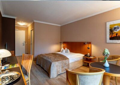 Zimmer mit Doppelbett, Sitzbereich und Schreibtisch mit Stuhl.